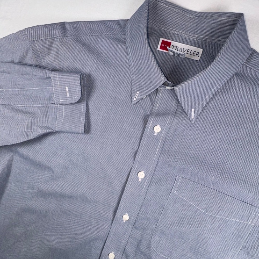 LL Bean Traveler Shirt Mens LG Tall Blue Micro Houndstooth Button Down Cotton